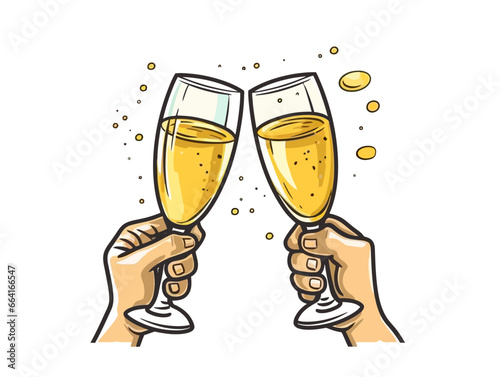 Doodle Champagne cheers, cartoon sticker, sketch, vector, Illustration, minimalistic, image pack