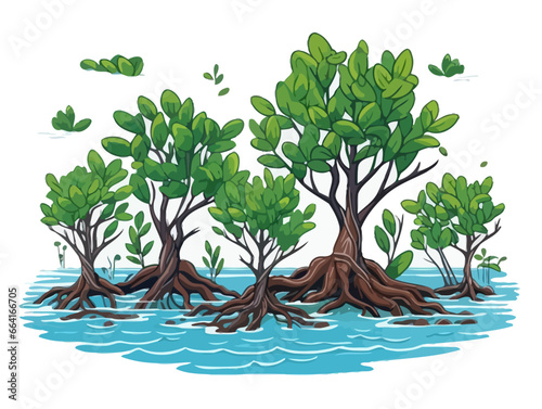 Doodle Mangrove ecosystem, cartoon sticker, sketch, vector, Illustration, minimalistic