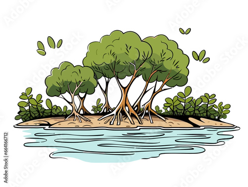 Doodle Mangrove ecosystem, cartoon sticker, sketch, vector, Illustration, minimalistic