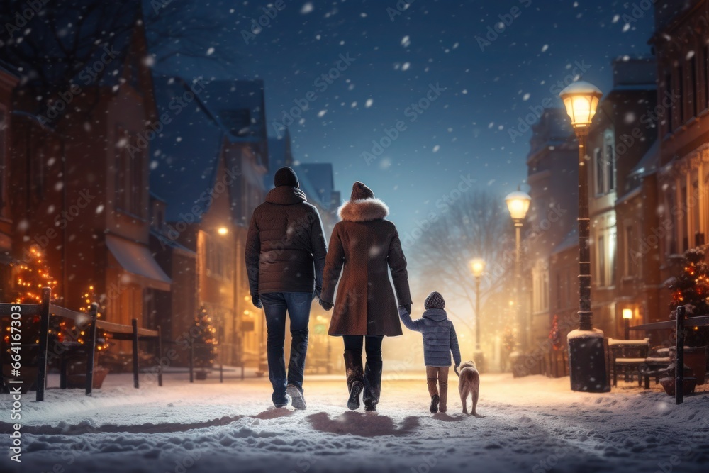 Obraz premium family takes an evening stroll on a snowy street, walking with a child and a dog.