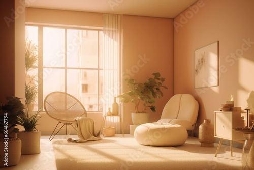 Warm home ambience with soft-colored interior design, digital creation. Generative AI