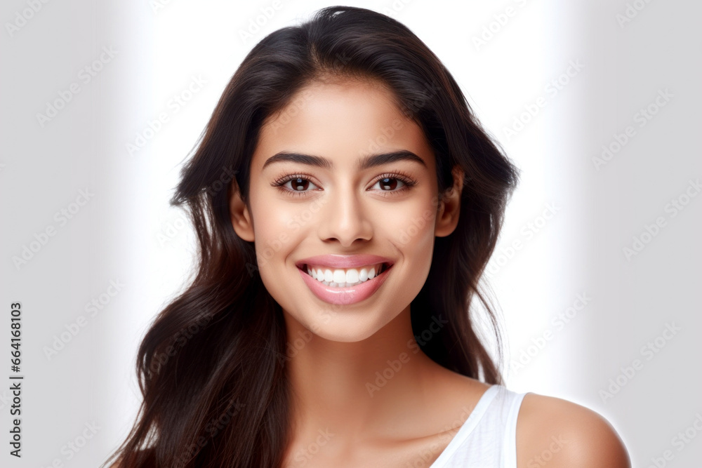Portrait beautiful model woman with white teeth smile, Concept of advertising dentist and facial care. Generative AI Portrait beautiful model woman with white teeth smile, Concept of advertising dentist and facial care. Generative AI