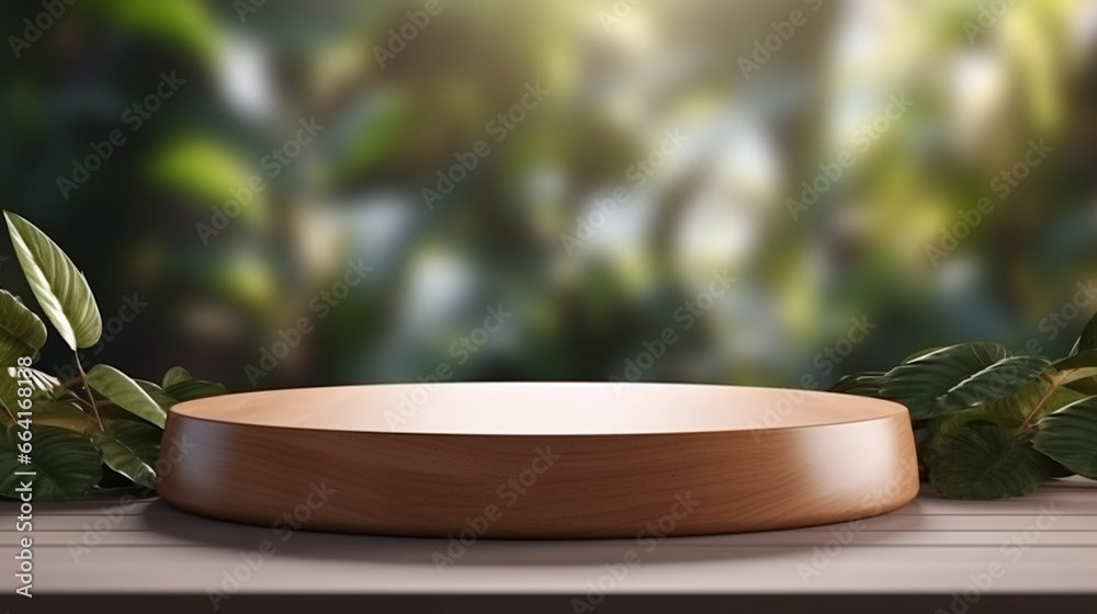 Wooden product display podium with a visible and bokeh plant background. Wooden product display podium with a visible and bokeh plant background.