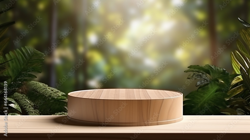 Wooden product display podium with a visible and bokeh plant background. Wooden product display podium with a visible and bokeh plant background.