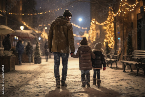 Father strolls with his two boys in the wintery evening city, adorned with New Year's garlands