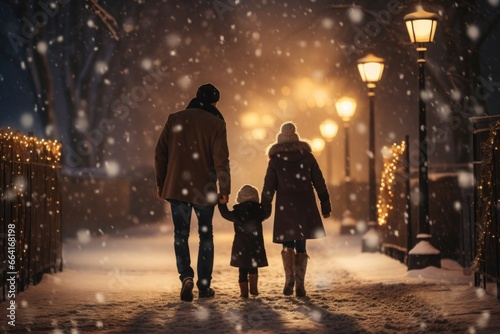 Family holds their child's hands while mom and dad walk with them along the snowy, illuminated streets of the night city where snowflakes fall and streetlights glow