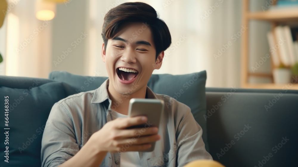 Happy Asian man looking at mobile phone in living room at home. - obrazy, fototapety, plakaty 