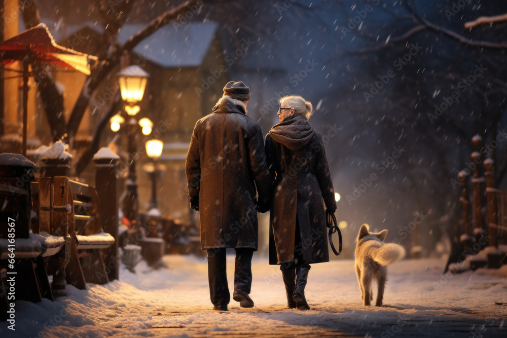 With snow beneath their feet, a pair of elderly individuals enjoys a serene stroll through the city's winter charm, accompanied by their faithful pet. - obrazy, fototapety, plakaty 