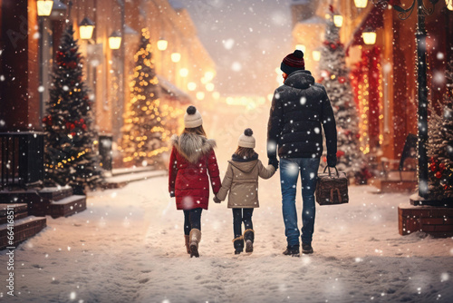 Dad and two daughters in winter attire and hats walk through a snow-covered city street adorned with New Year's garlands and Christmas trees.