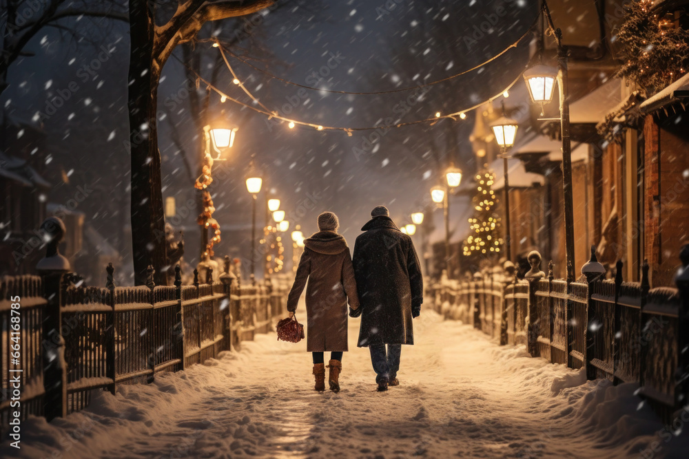 An elderly couple takes a leisurely walk through the cozy, snow-covered city on a winter evening.