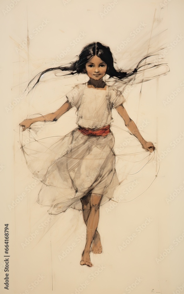 Fototapeta premium An evocative sketch of a child in a free-spirited pose, emphasizing the winds of change and growth. 