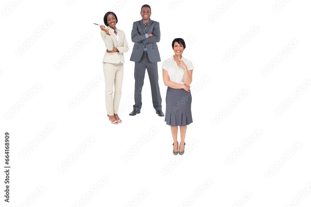 Digital png photo of back of happy diverse business people standing on transparent background