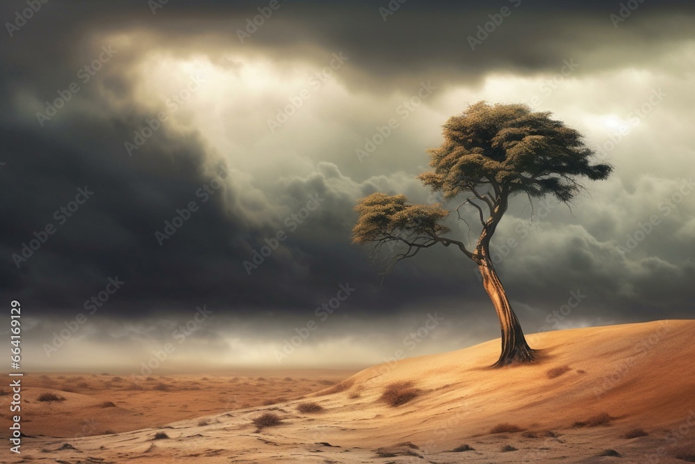 A tall tree stands alone in a barren desert amid a stormy sky. Generative AI