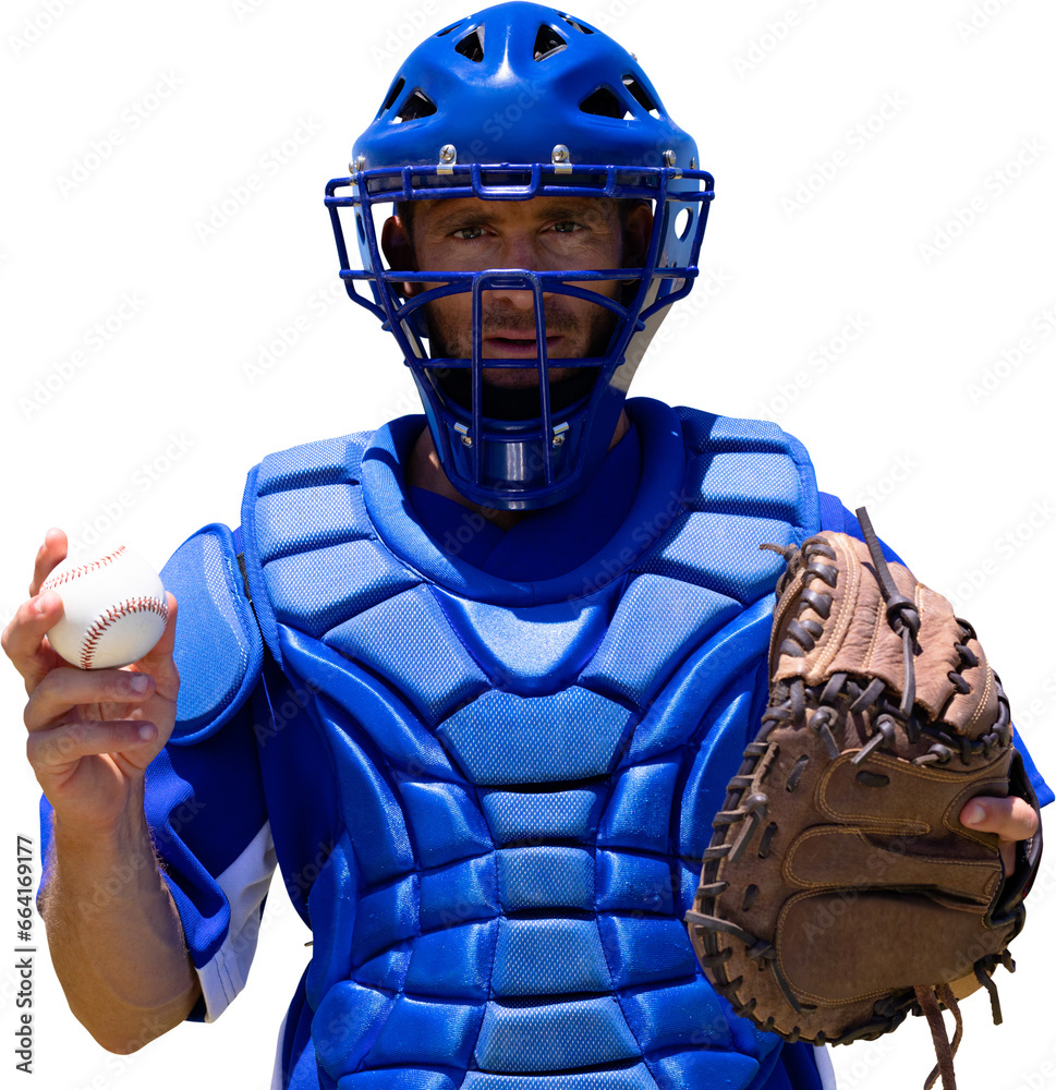 Digital png photo of caucasian baseball player with helmet and ball on transparent background Digital png photo of caucasian baseball player with helmet and ball on transparent background