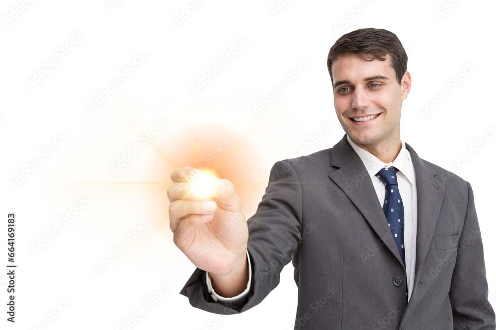 Digital png photo of happy caucasian businessman pointing on transparent background Digital png photo of happy caucasian businessman pointing on transparent background