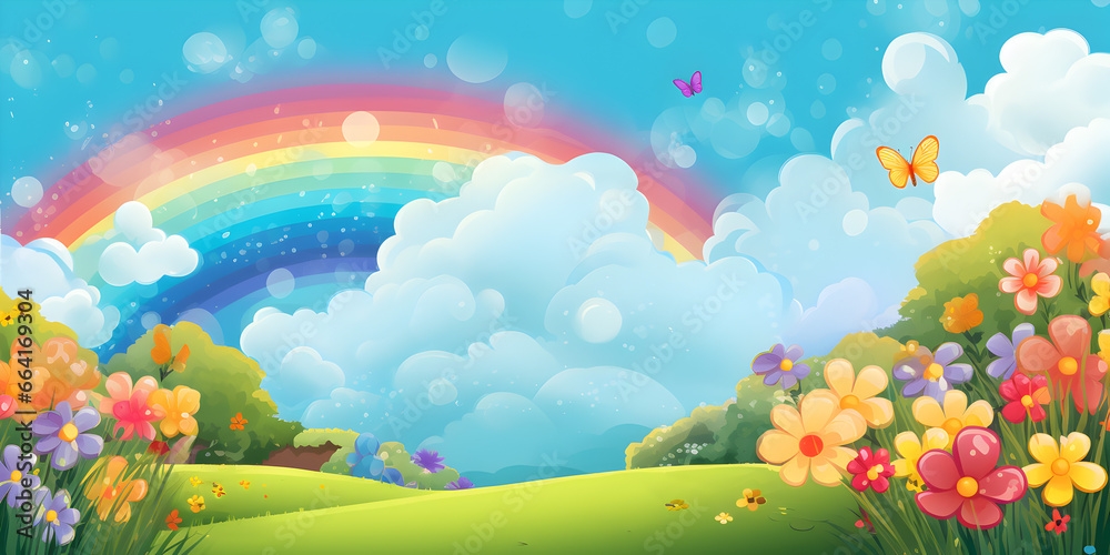 Nature landscape with rainbow illustration background Nature landscape with rainbow illustration background