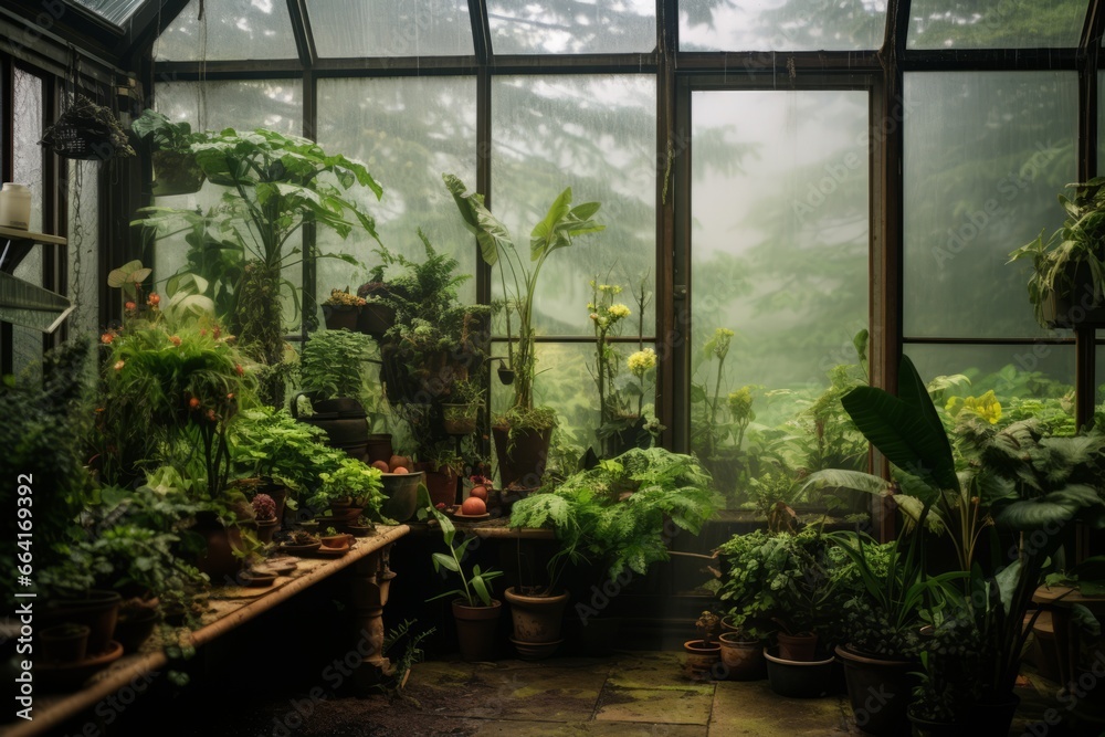 Aesthetic fogged-up greenhouse full of plants in a serene countryside