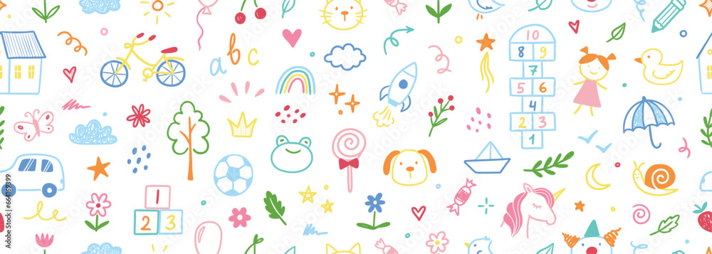 Kindergarten doodle vector background. Hand drawn doodle style children cute seamless pattern, preschool wallpaper. Kids education simple background with toy, car, house elements. Vector illustration Kindergarten doodle vector background. Hand drawn doodle style children cute seamless pattern, preschool wallpaper. Kids education simple background with toy, car, house elements. Vector illustration