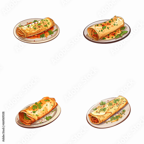 set of happy cute masala dosa watercolor illustrations for printing on baby clothes, pattern, sticker, postcards, print, fabric, and books