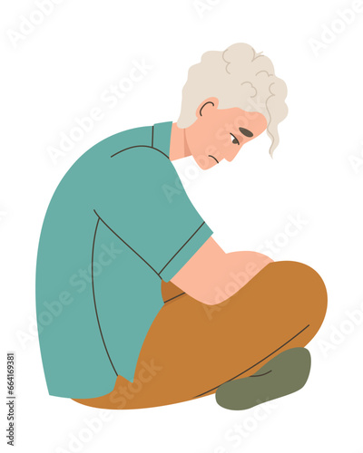 Man sits sadly with his head hanging. Stress, melancholy and depression. The young man in profile. Flat vector illustration