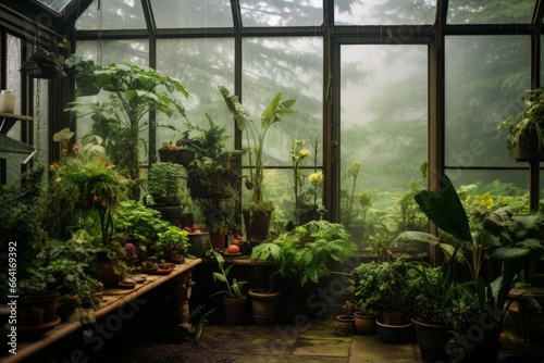 Aesthetic fogged-up greenhouse full of plants in a serene countryside