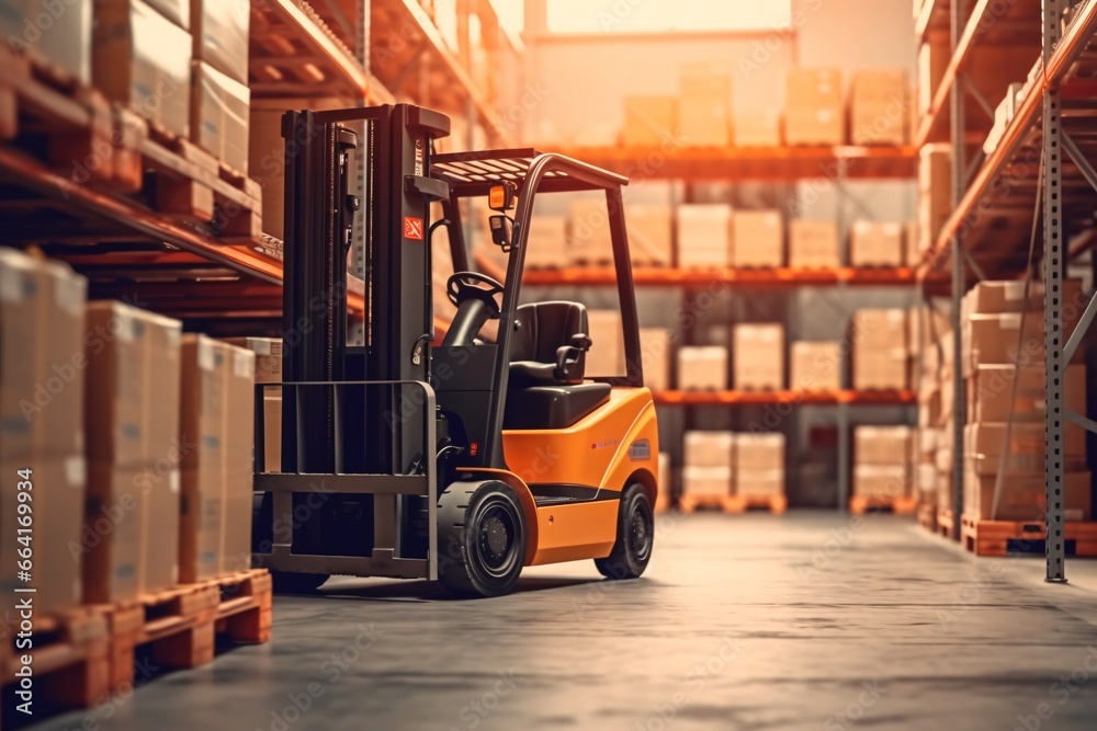 Forklift loader in warehouse. This is a freight transportation and distribution warehouse. Industrial and industrial background Forklift loader in warehouse. This is a freight transportation and distribution warehouse. Industrial and industrial background