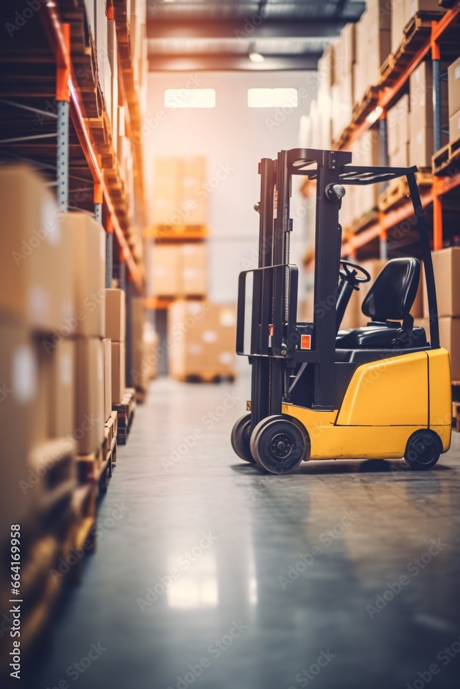 Forklift loader in warehouse. This is a freight transportation and distribution warehouse. Industrial and industrial background