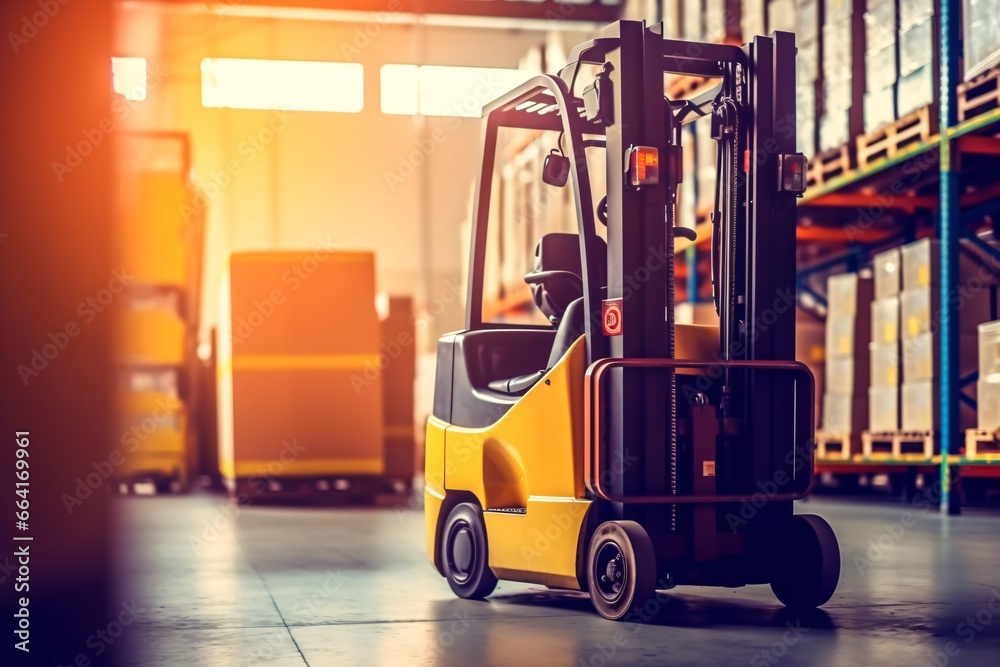 Forklift loader in warehouse. This is a freight transportation and distribution warehouse. Industrial and industrial background