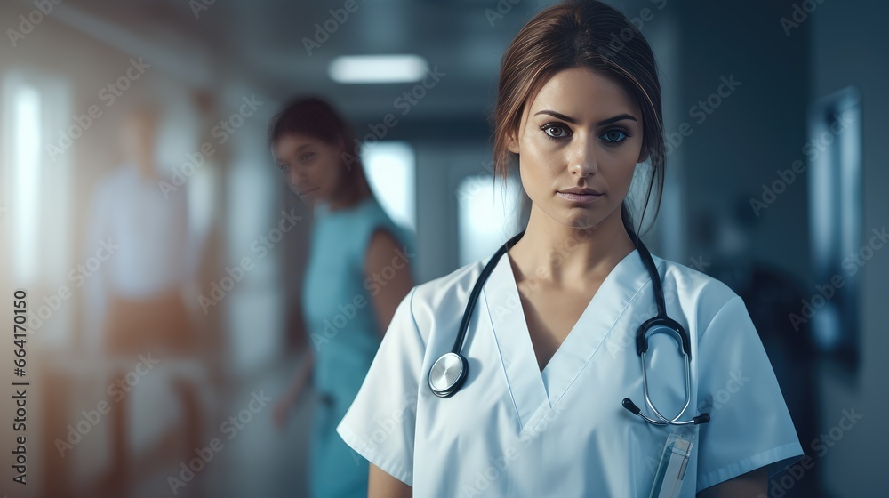 A female doctor stands with in the hospital corridor. concept medicine and treatment of people. protecting people's health. A female doctor stands with in the hospital corridor. concept medicine and treatment of people. protecting people's health.