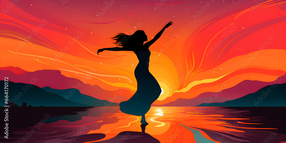 Silhouette of woman dancing against the sunset