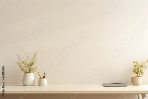 Realistic photo of ivory background wall, minimalistic concept of plants composition in a modern home office with white long desk. © Kuo