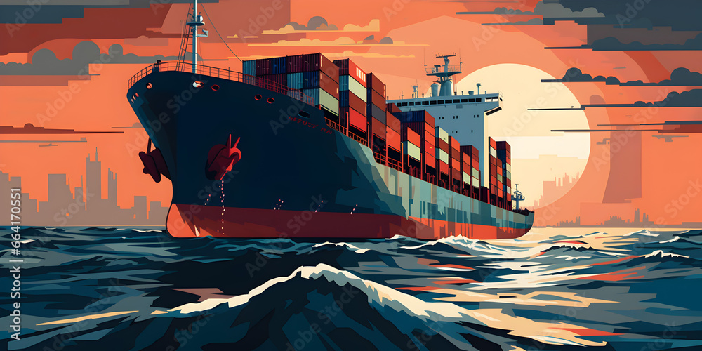 Cargo vessel in the ocean illustration background - obrazy, fototapety, plakaty 
