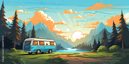 Camper van with nature landscape background