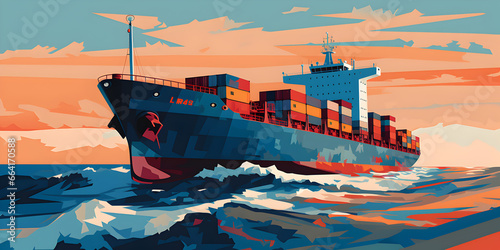 Cargo vessel in the ocean illustration background