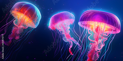Colorful jellyfish with neon glow illustration background