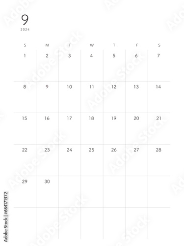  2024年9月September シンプルカレンダー 祝日表記なし
