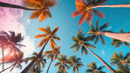 Coconut Palm Tropical Trees Background in Sunset Colors - Vintage Style Tropical Beach and Summer Background, High Angle Shot of Exotic Paradise with Palm Tree Silhouettes