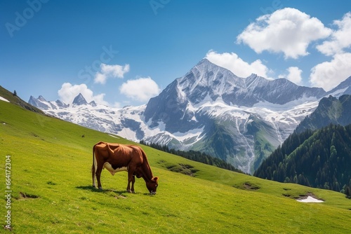 Tranquil scene, cow grazing amidst snow-capped mountains in alpine meadows. Generative AI