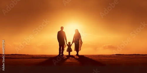 Shadow of Happy family together, parents with their little baby at sunset. A Silhouette of Love and Unity. © ABGoni