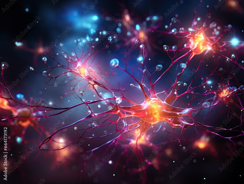 intricate and mesmerizing depiction of neuron cells, set against a dark backdrop, dendrites, outwards, glowing, red, orange, pink, core, illuminated, orange light, mystery neural connections,