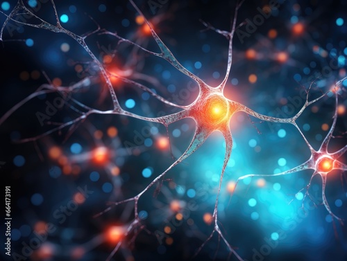 neurons illuminated against a deep blue backdrop filled with scattered glowing particles, radiant orange core, giving the composition a cosmic feel