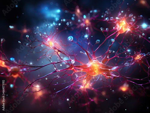 intricate and mesmerizing depiction of neuron cells, set against a dark backdrop, dendrites, outwards, glowing, red, orange, pink, core, illuminated, orange light, mystery neural connections, © DigitalArt