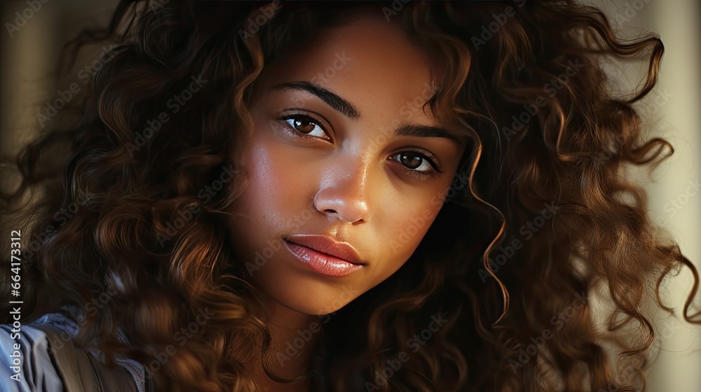 A woman with luxuriant curly hair that cascades in a cascade of rich, brown tones. Her piercing eyes seem to tell a story, and the subtle play of light accentuates her well-defined facial features, 