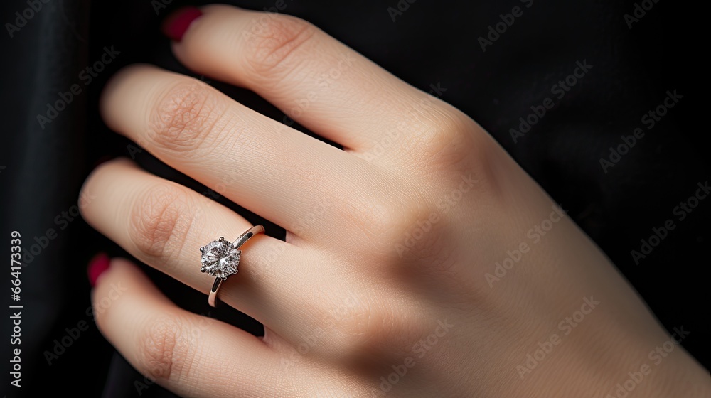 A close-up photograph emphasizes a diamond ring worn on a woman's finger. The design of the ring features a central diamond with ornate detailing around it, set in a slim band