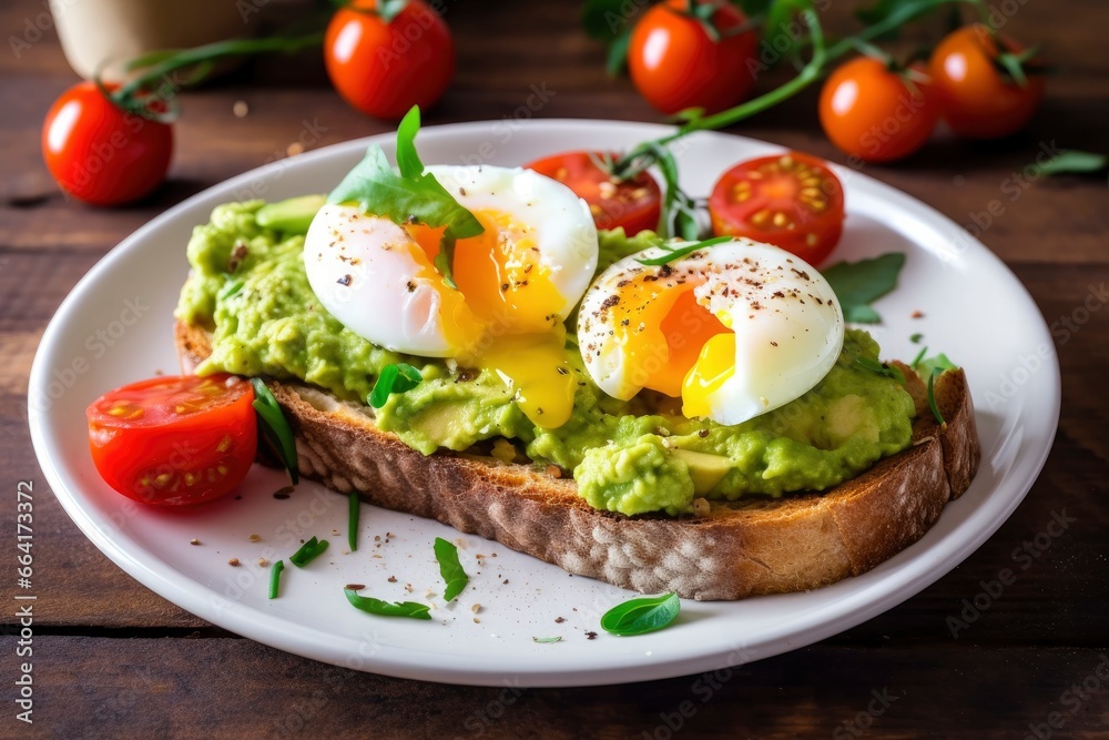 Avocado toast with eggs and roasted tomatoes.