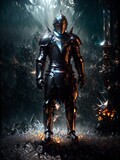 Knight around crystals and rocks with fantasy and RPG cinematic iconic HD realism