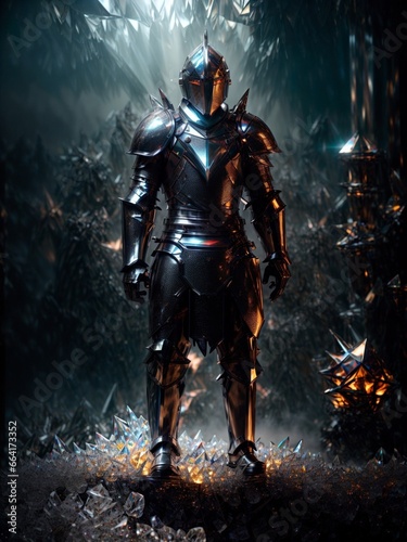 Knight around crystals and rocks with fantasy and RPG cinematic iconic HD realism