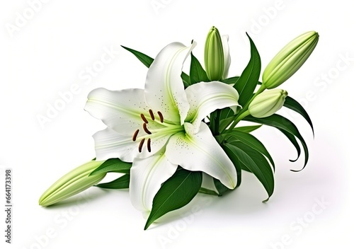 Beautiful fresh lily flower with green leaves, isolated on white background. © ABGoni