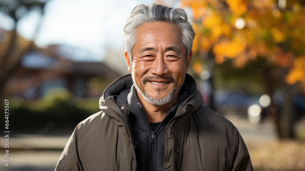 A distinguished older man with silver hair stands outdoors, surrounded by autumn foliage. He wears a warm jacket and sports a genuine smile.