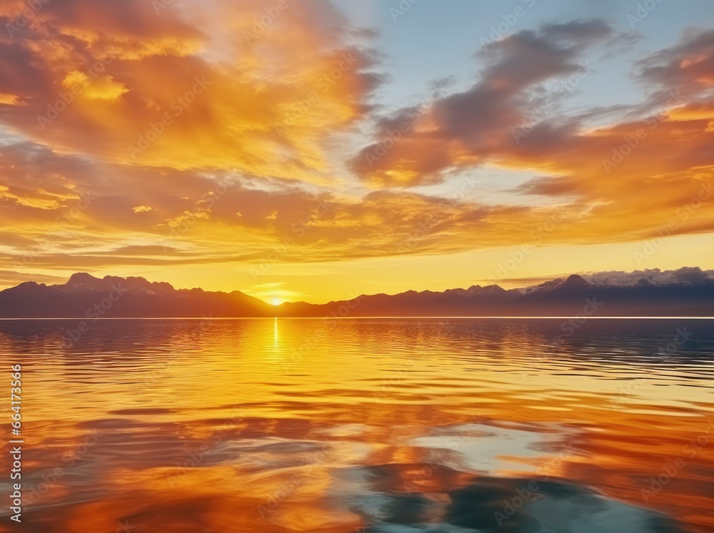 Fototapeta premium Bright sunset over Lake golden clouds reflect in the water.
